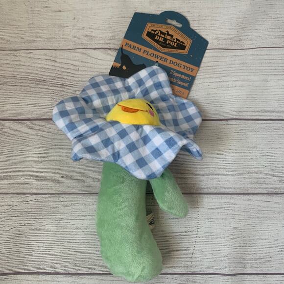 Dr. Pol Farm Flower Dog Toy Blue Gingham Plaid 2 Squeakers Crinkle 12 1/2"L - Picture 2 of 12
